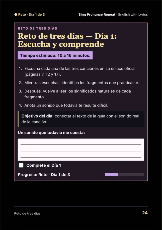 Página real del reto de tres días con una actividad de escucha